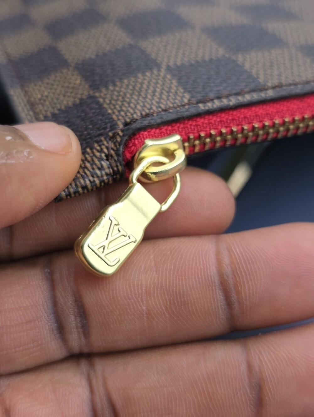 Louis Vuitton Damier Ebene Neverfull Pochette Wristlet Pouch Clutch Red Lining - Picture 3 of 8